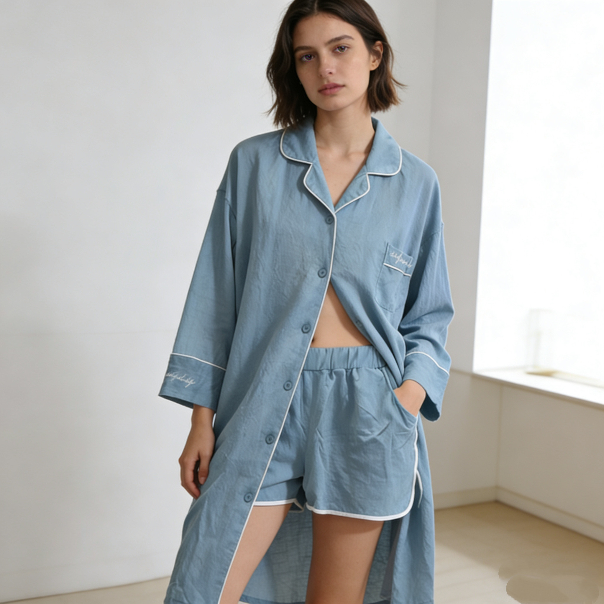 穗得美春夏新款棉麻睡衣女吊带短睡衣/家居服套装