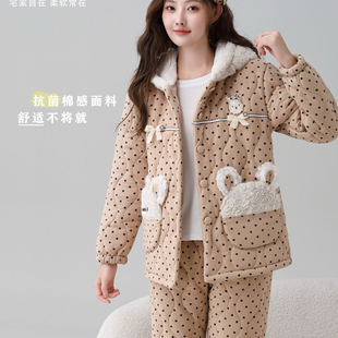 2025新款睡衣女冬季纯棉棉麻夹棉三层睡衣女连帽可爱卡通家居服
