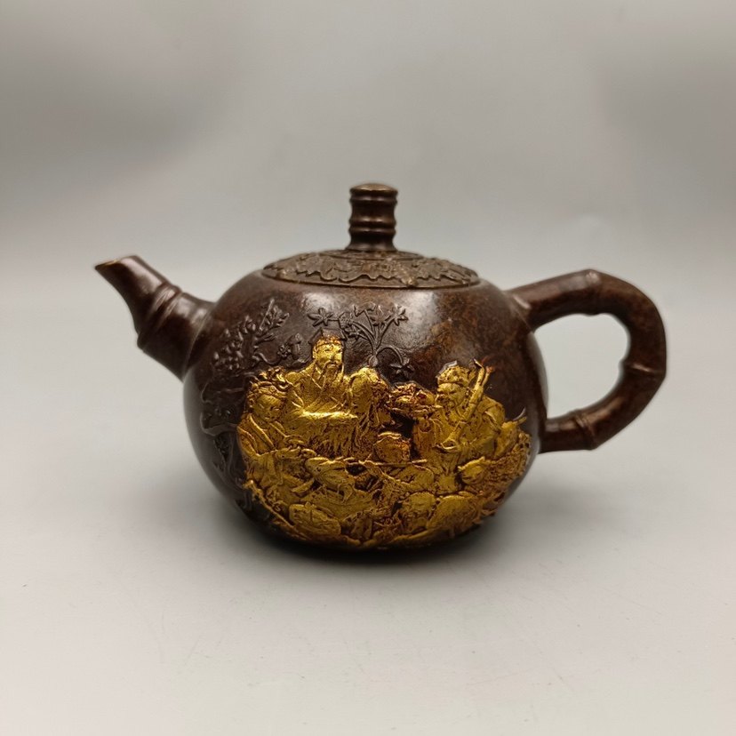 农村收来大明宣德年八仙过海鎏金壶紫铜茶壶酒壶老物件铜器摆件