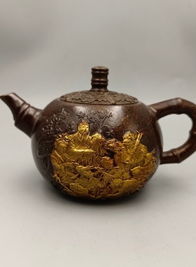 农村收来大明宣德年八仙过海鎏金壶紫铜茶壶酒壶老物件铜器摆件