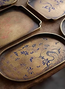 古玩杂项收藏仿古仙鹤水果盘诗句盘子工艺品家居客厅茶托茶盘摆件