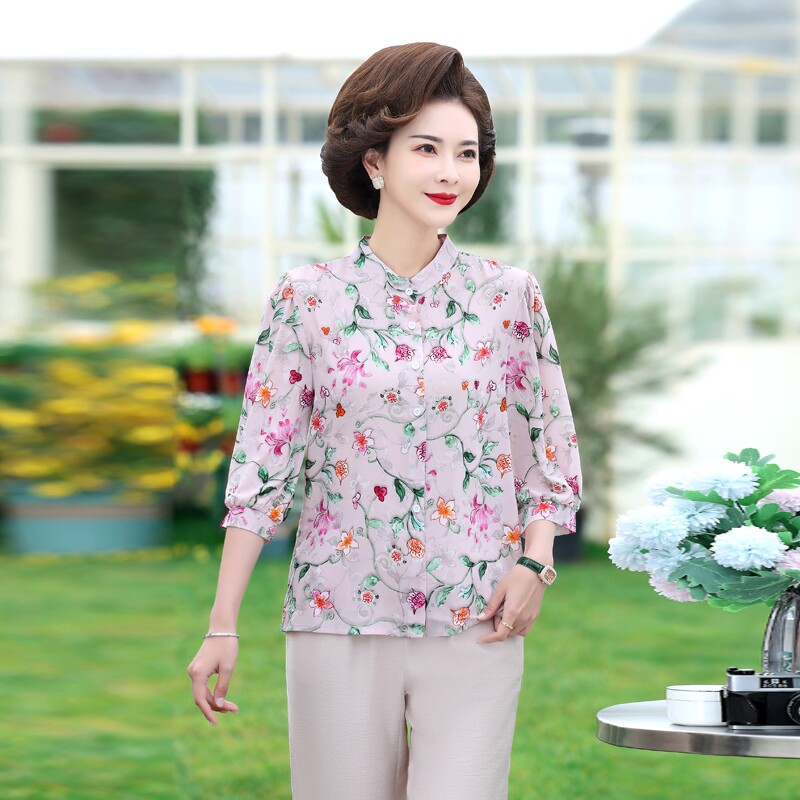 妈妈夏季雪纺衫套装洋气上衣服中老年女装夏装中袖时尚立领七分袖