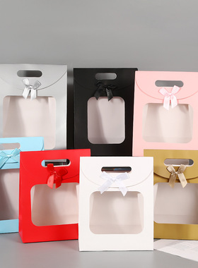 现货翻盖式手提袋蝴蝶结开窗大号卡纸袋手拎礼品袋生日礼物包装袋