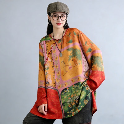 K396新中式印花拼接长袖上衣女