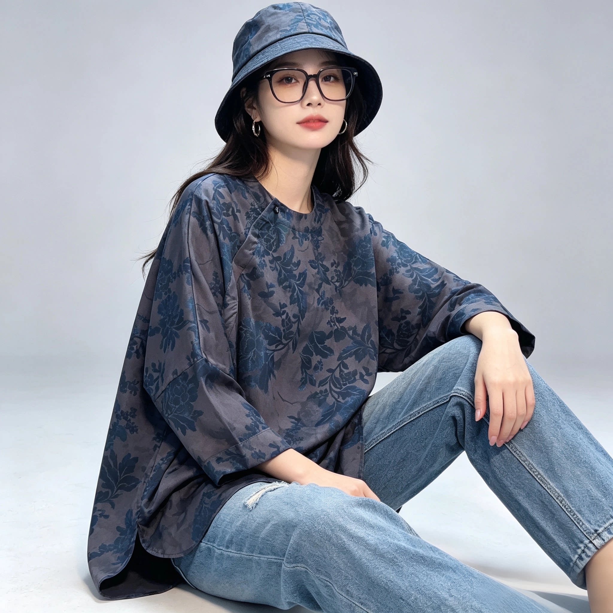 新中式花卉印花长袖宽松衬衫女