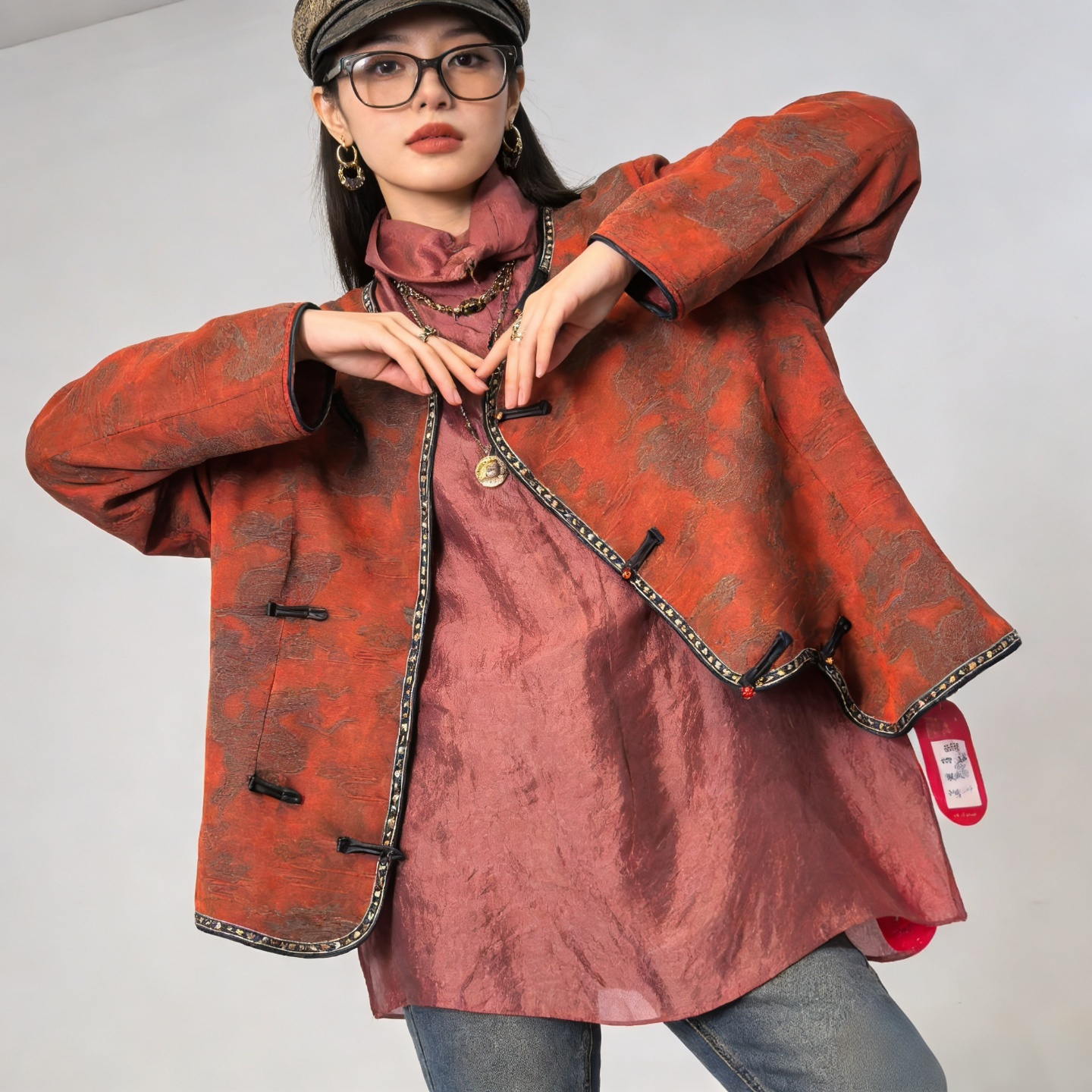 新中式香云纱立领盘扣桔红女上衣