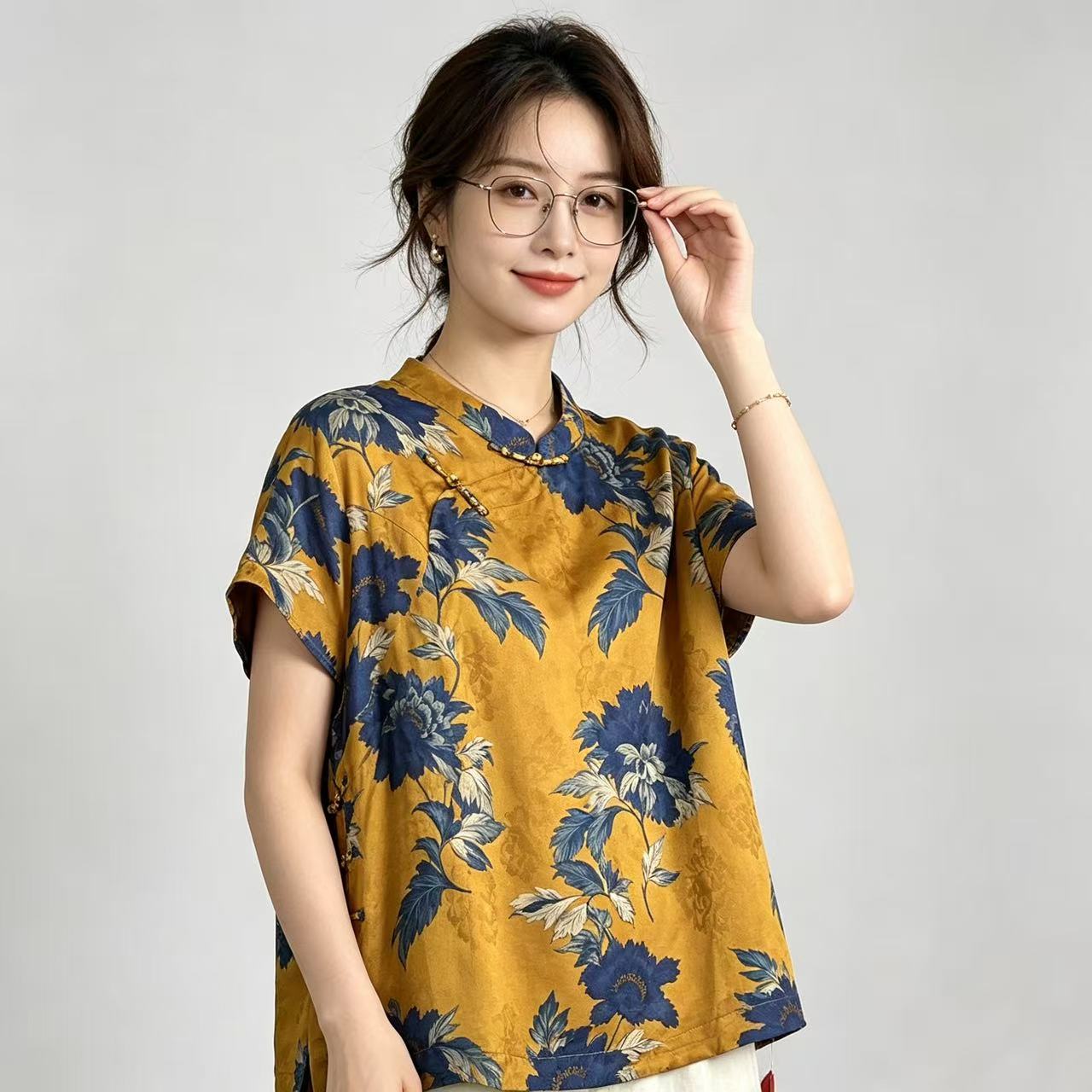 新中式国风花卉印花短袖上衣女
