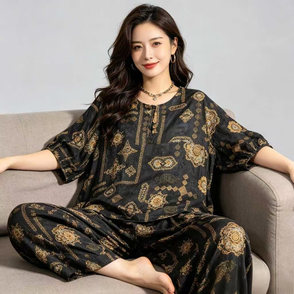 新中式印花女夏短袖长裤两件套