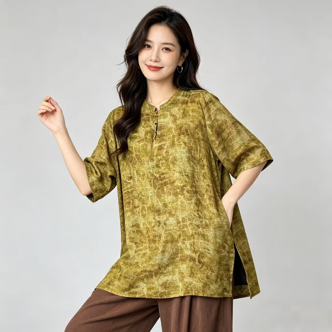 新中式印花大码宽松短袖女上衣