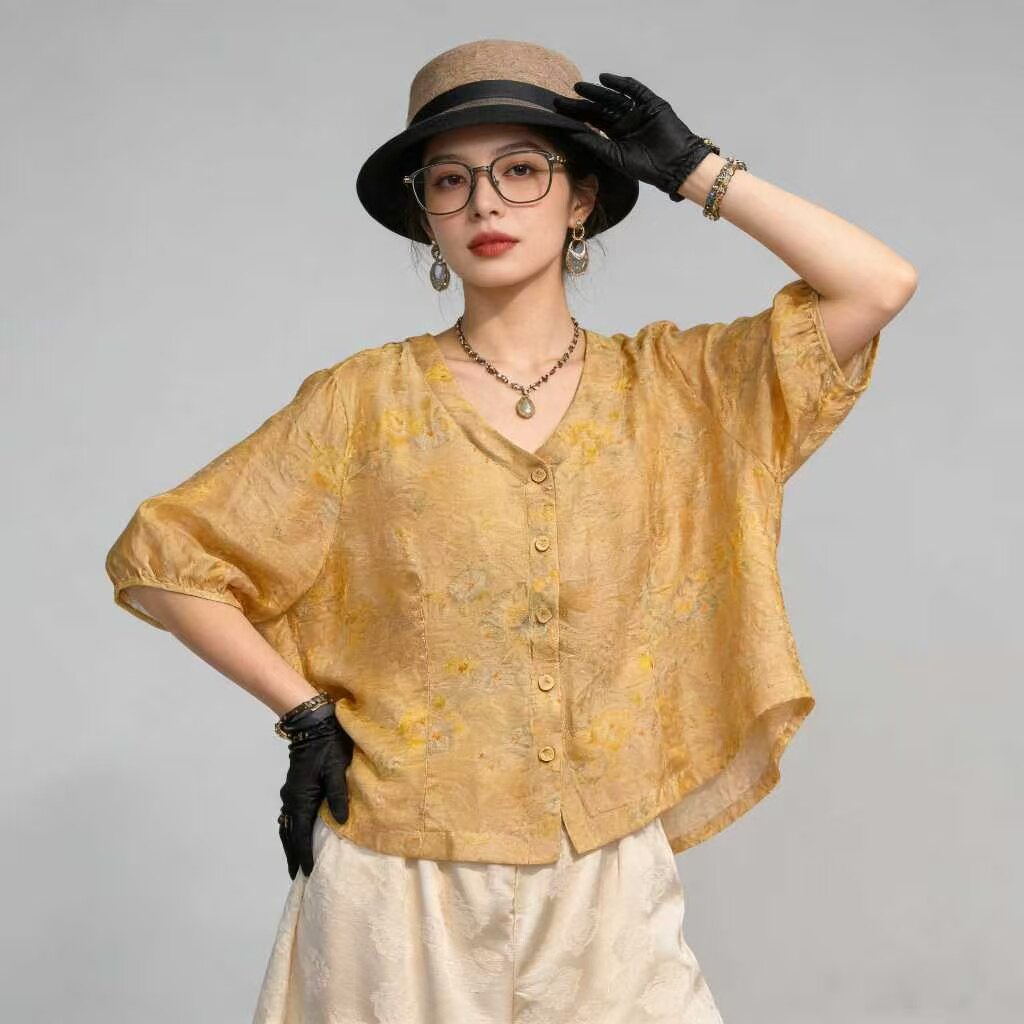 K510淑女风V领开衫印花衬衫