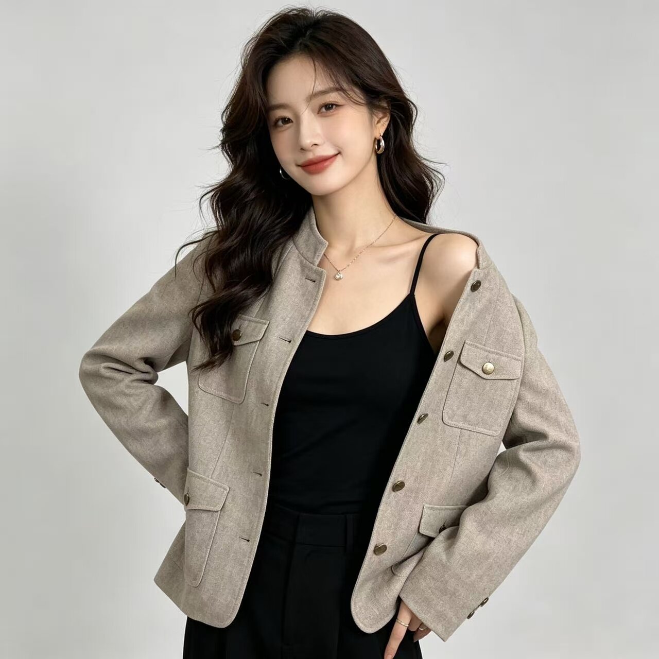 老钱风立领多纽扣通勤短外套女