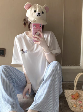 睡衣女夏季纯棉短袖蓝色条纹长裤2025新款可外穿出门休闲家居服