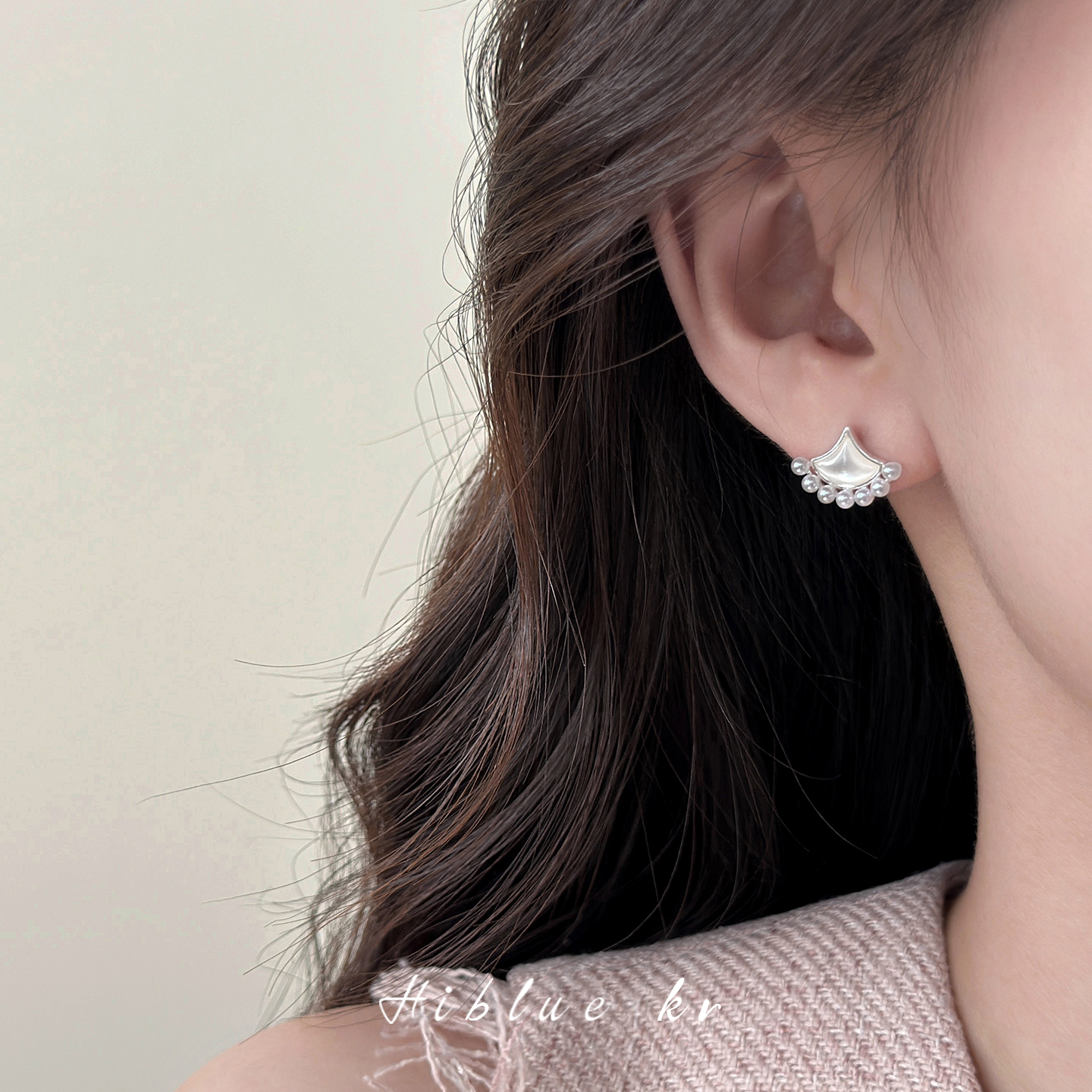 海蓝蓝母贝扇形珍珠耳钉