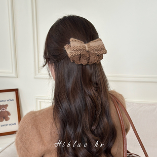 蕾丝花边咖色毛线蝴蝶结发夹女后脑勺半扎发一字夹背夹秋冬头饰