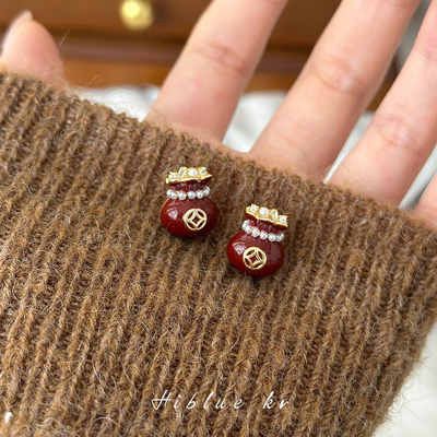 海蓝蓝红色滴釉钱袋珍珠耳钉
