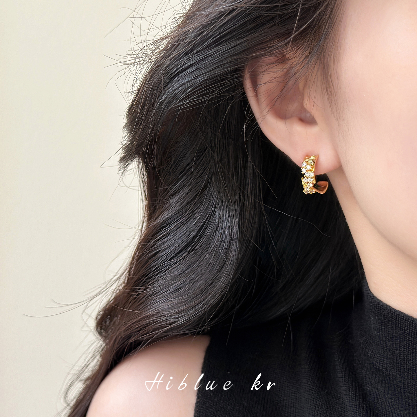 海蓝蓝金色纹理锆石耳环圈圈