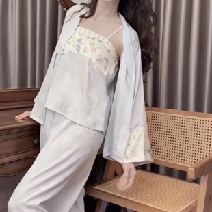 新中式冰丝睡衣女吊带长袖开衫长裤三件套高级感国风春秋季家居服