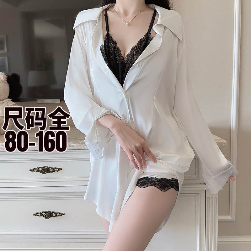 大码蕾丝拼接男友风衬衫