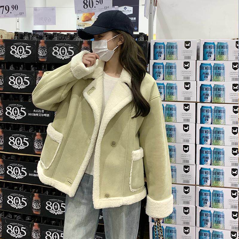 超好看绿色短款立领羊羔毛外套女秋冬2025新款麂皮绒皮毛一体夹克，女装皮草，浙宝113