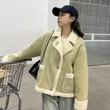 超好看绿色短款立领羊羔毛外套女秋冬2025新款麂皮绒皮毛一体夹克，女装皮草，浙宝113