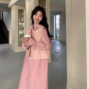 【现货】韩版针织卫衣裙+PU皮马甲两件套套装 525-P155-K228图片
