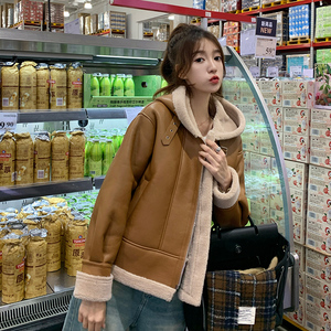 韩版PU皮拼接羊羔毛外套女2025冬季新款皮毛一体加厚显瘦棉衣棉服图片