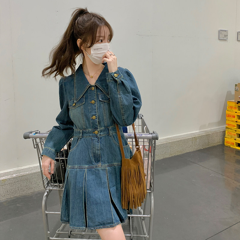 复古气质牛仔连衣裙小个子2025新款女高端轻奢收腰显瘦百褶裙超火图片