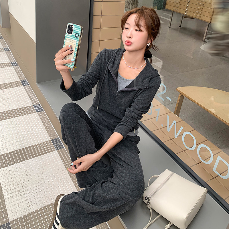 深灰色休闲运动女春秋2025新款连帽长袖卫衣阔腿裤长裤,女装运动套装,浙宝113