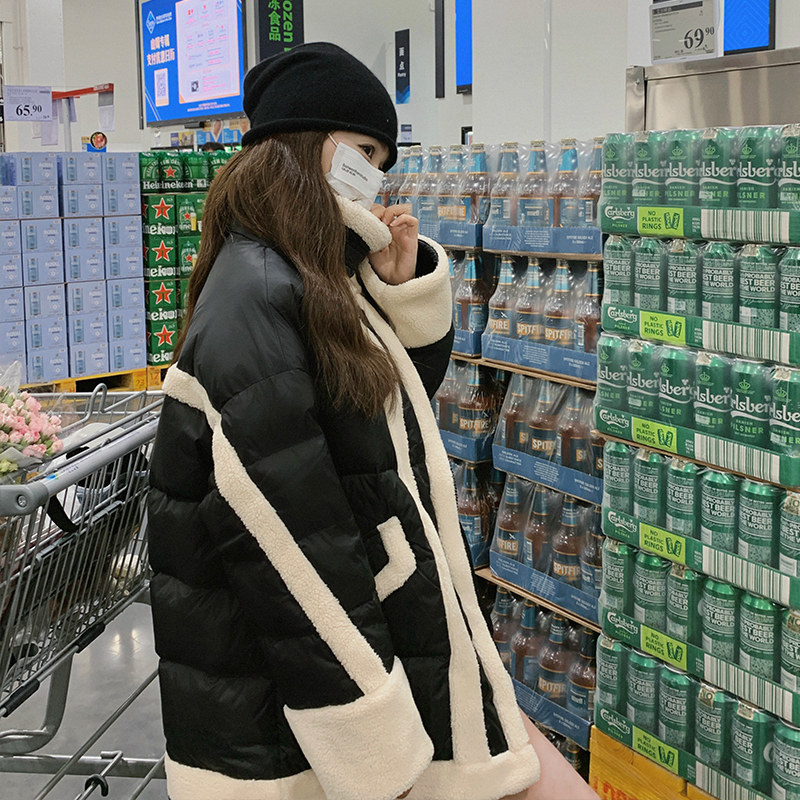2025冬季新款韩版流行羊羔毛拼接白鸭绒羽绒服女宽松显瘦立领外套,女装羽绒服,浙宝113
