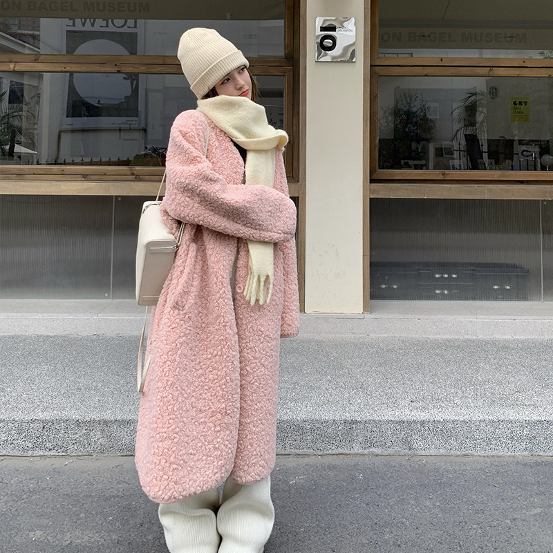 粉色中长款羊羔毛外套女2025冬季新款韩版宽松可爱小个子毛毛大衣,女装皮草,浙宝113