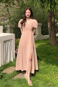 【买家秀更新】压褶蝴蝶结开叉碎花连衣裙828-P105-K158图片
