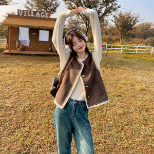 【现货】小香风金扣麂皮羊羔毛皮毛一体马甲 208-P135-K188,女装马甲,浙宝113