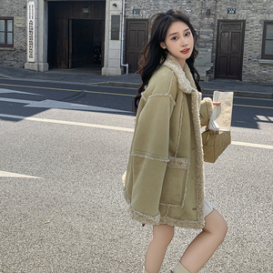 韩版小香风羊羔毛麂皮毛一体外套女2025冬季新款加厚显瘦棉衣棉服图片