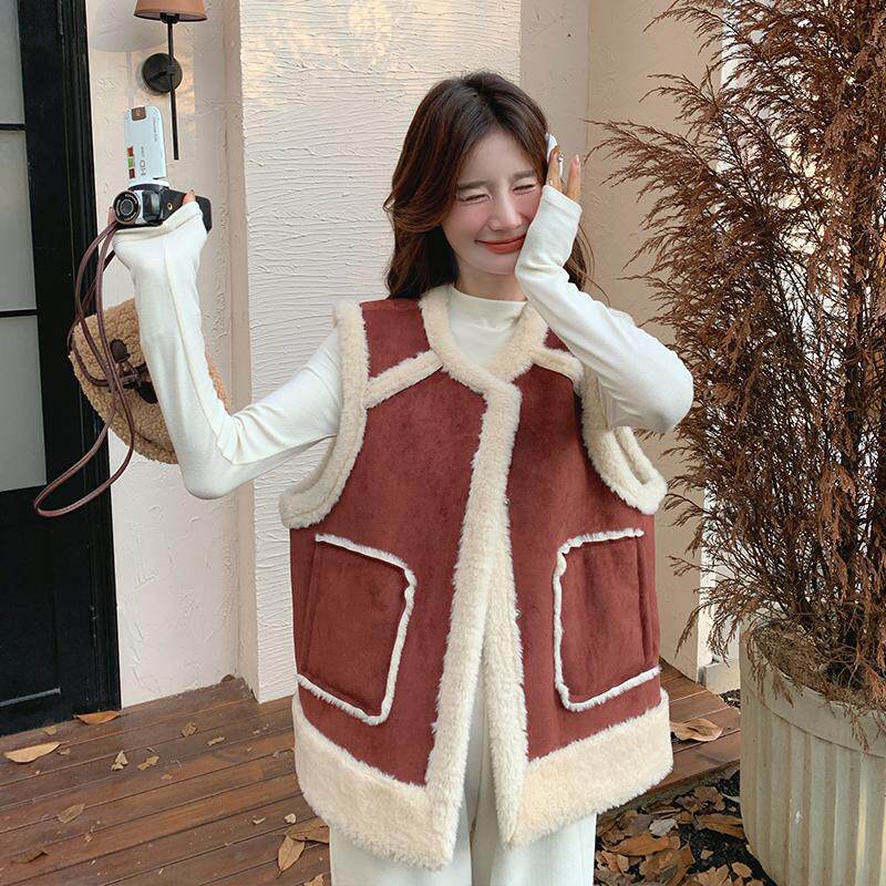 红色羊羔毛马甲冬季女2024新款小个子加厚短款皮毛一体无袖短棉衣，女装马甲，浙宝113