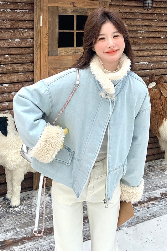 设计感小众羊羔毛拼接牛仔羽绒服女冬季今年流行爆款白鸭绒厚外套,女装羽绒服,浙宝113