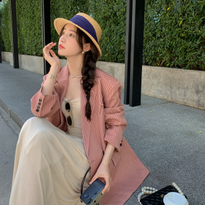 粉色条纹西装外套女2025春季新款小个子炸街洋高级感洋气百搭西服图片