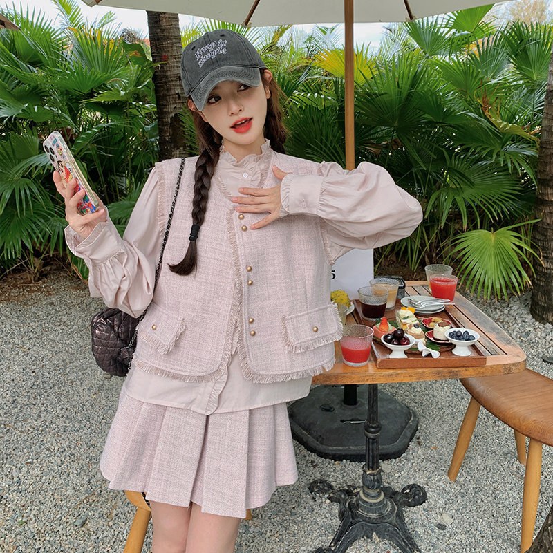 法式气质名媛小香风套装裙女春季新款高级感马甲衬衫百褶裙三件套,女装套装/套裙,浙宝113