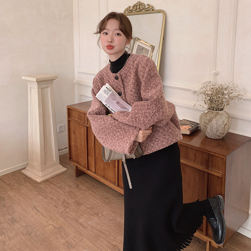 粉色小香风毛呢外套女2024冬新款法式简约宽松小个子加厚呢子上衣,女装毛呢外套,浙宝113
