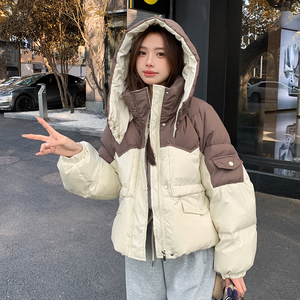 韩版短款拼接撞色工装90羽绒服女2025冬季新款加厚显瘦白鸭绒外套图片