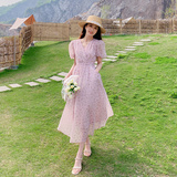 粉色v领碎花连衣裙女夏2025新款法式收腰显瘦浪漫优雅绝美初恋裙，女装连衣裙，浙宝113