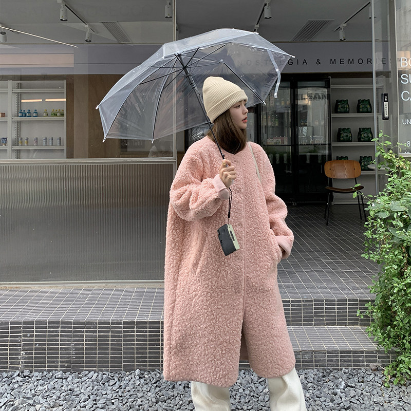 粉色中长款羊羔毛外套女冬2024新款学院风过膝皮毛一体颗粒绒大衣，女装皮草，浙宝113