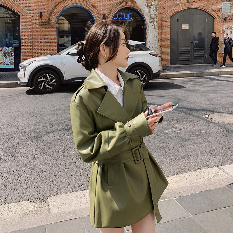 复古绿色皮衣外套女2024年秋季新款高级感港风气质显瘦中长款风衣,女装皮衣,浙宝113