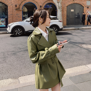 复古绿色皮衣外套女2024年秋季新款高级感港风气质显瘦中长款风衣,胖妹妹早秋两件套穿搭图片