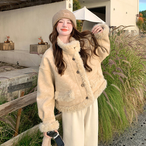 高级感米白色短款翻领皮毛一体加厚外套女秋冬2024新款麂皮绒夹克,女装皮草,浙宝113