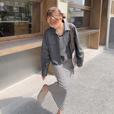 【现货】PU皮衣衬衫+条纹背心连衣裙两件套套装061-P155-K218，女装套装/套裙，浙宝113
