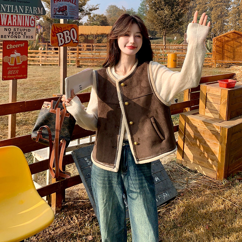 【现货】麂皮羊羔毛皮毛一体马甲208-P135-K188，女装马甲，浙宝113