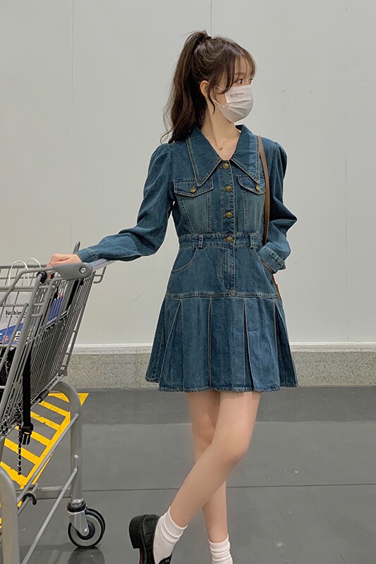 复古气质牛仔连衣裙小个子2025新款女高端轻奢收腰显瘦百褶裙超火,女装连衣裙,浙宝113