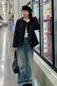 黑色小香风外套女春秋2025新款超好看高级感精致短款v领亮丝上衣图片