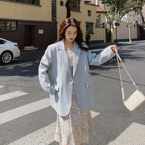 蓝色西装外套女2024春秋新款小个子炸街洋气设计感小众宽松小西服图片