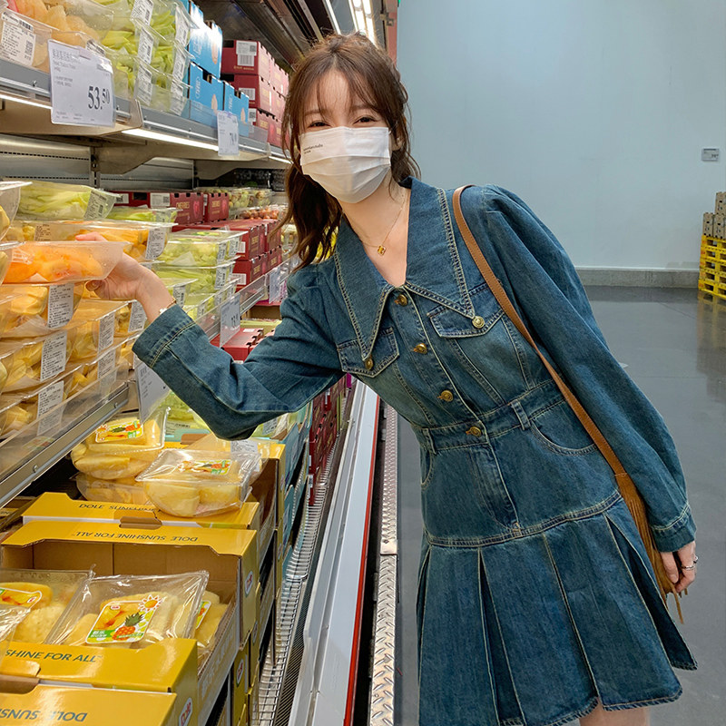 复古气质牛仔连衣裙小个子2025新款女高端轻奢收腰显瘦百褶裙超火,女装连衣裙,浙宝113